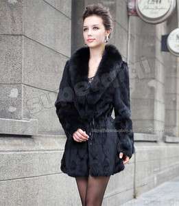 100% Real Genuine Rabbit Fur Fox Collar Long Coat Wearcoat Jacket 
