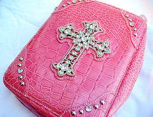 Western Rhinestone Cross Pink Bible Cover Case Faux Croco Patent Skin 