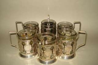   of 6 Vintage Russian Cupronickel Tea Cup Glass Holders w/glass  