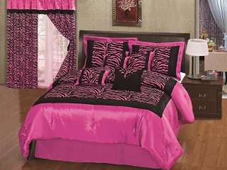   Hot Pink Satin Zebra Flocking Comforter Set + Window Curtain Full Size