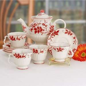  Red Leaf Porcelain Tea Set Teapot and Cups & Saucers 