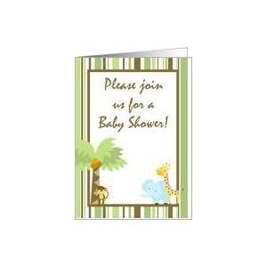   Green, Brown Zoo Lion Giraffe Bird Striped Baby Shower Invitation Card