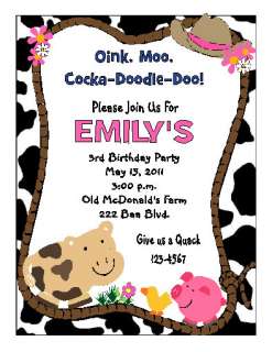 Farm Cow print western barn Birthday Party Invitations  