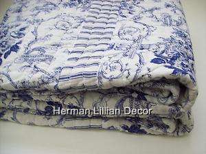    Blue and White Toile Ticking 50 x 60 100% Cotton Quilted Throw