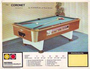 1970 NATIONAL BILLIARDS THE CORONET POOL TABLE FLYER  