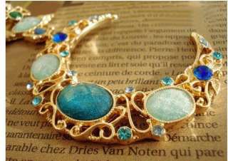 Gold Plated Blue Glitter Stones Moon Celestial Necklace Pendant  