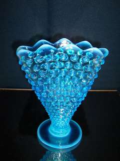  Blue Opalescent Hobnail 6 1/4 Footed Fan Vase 1940s Scalloped Rim