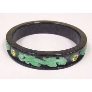  Black Agate Carved Bangle Bracelet with Green Jade Carved 