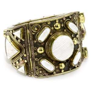   Leigh Ethnic & Tribal Intricate White Shell and Brass Cuff Bracelet