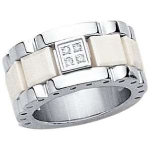 Stainless Steel   Diamond & White Ceramic   Modern Band Ring   Size 7 