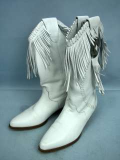 Circle S Tonka White Leather Fringed Cowboy Boots   Size 7M  