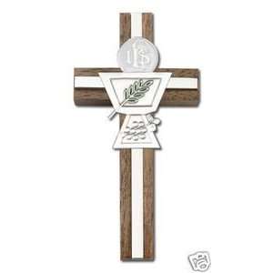 4  Enameled First Communion Chalice Walnut Wall Cross 