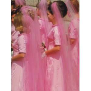 com Bridesmaids in Pink Gowns and Headdresses at Luci Baines Johnson 