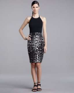 Gauge Rib Knit Halter Top, Leopard Print Pencil Skirt & Double Buckle 