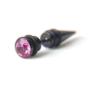 Mens Earring Stainless Steel Pink CZ Crystal Fake Plug  