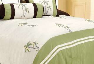 7PC Catalina Green Palm Tree Faux Silk Comforter Bedding Queen Set Bed 