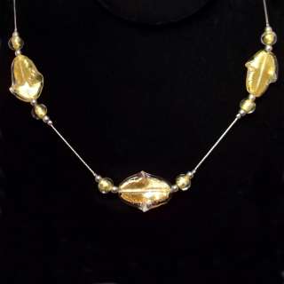 Vtg Venetian GOLD FOIL Glass Bead 925 STERLING SILVER Necklace 