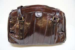 Vtg 1980s Dark Brown EEL SKIN Doctor Bag Satchel Handbag Purse 