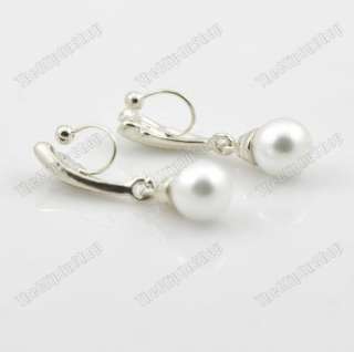 CLIP ON comfy WHITE PEARL diamante DROP silver EARRINGS  