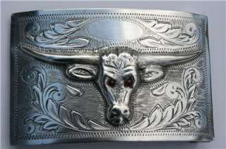 Sterling Silver BELT BUCKLE Texas Longhorn signed ruby eyes  