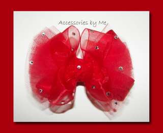   ~Valentines Day Glitzy Sheer Red Tutu~Girls Pageant Hair Bow~Clip