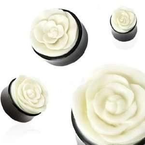 Organic Horn Saddle Plug with Hand Carved Bone Rose Inlay   00G (Sold 