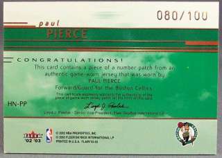 02 03 Fleer Flair Paul Pierce NBA BOSTON CELTICS JERSEY PATCH #80/100 