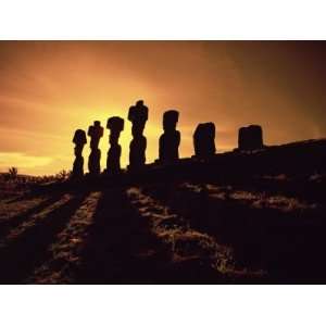Easter Island Landscape with Giant Moai Stone Statues at Sunset 