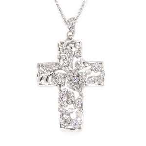   Sterling Silver Flowery Large Cross Pendant w/pavé White CZs Jewelry