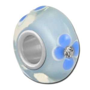  14mm Light Blue Floral with Rhinestones Large Hole Beads Jewelry