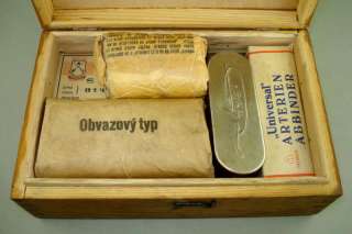   Vintage Old Medical First Aid Set in Wooden Box with Equipment  