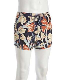 style #315926701 navy abstract floral printed square cut swim trunks