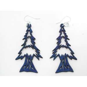  Aqua Marine Holiday Tree Wooden Earrings GTJ Jewelry