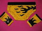 Pro Wrestling Trunks & wrist gloves yellow w/black flames design 28 32 