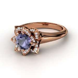  Lotus Ring, Round Iolite 14K Rose Gold Ring with Diamond Jewelry