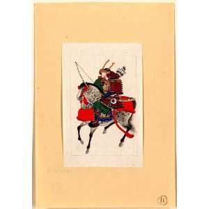 Japanese Print . Samurai on horseback, wearing armor and horned helmet 