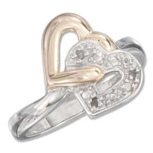 Sterling Silver Two tone Double Open Heart Ring with Diamond Accents 